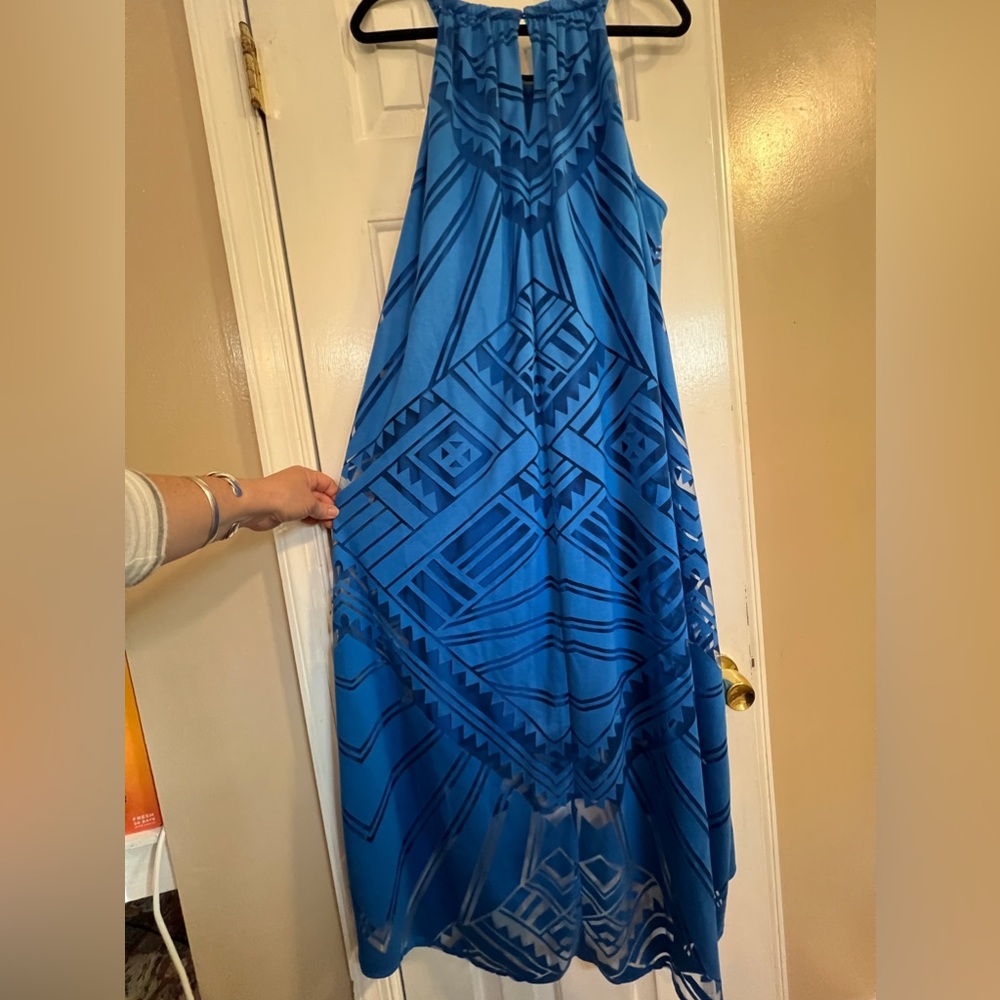 London times blue overlay‎ dress geometric design woman 14
